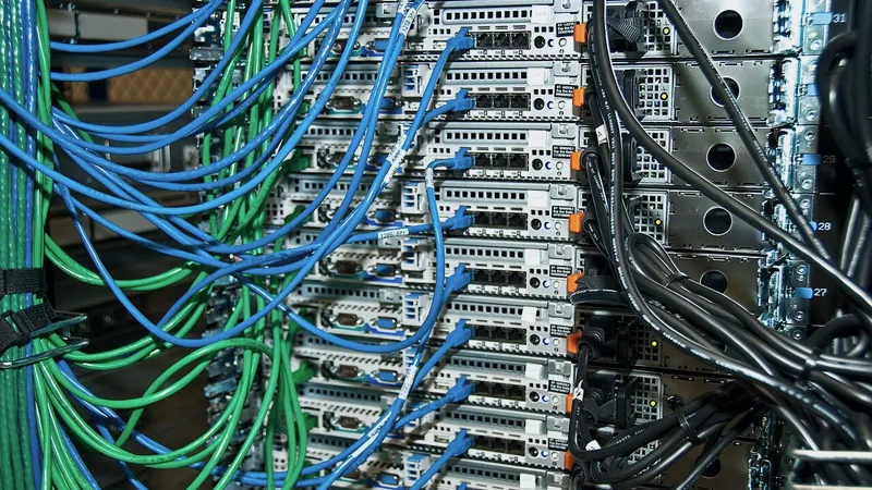 Blue and green network cables patched into rack servers