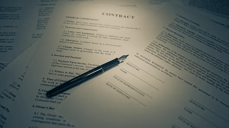 Printed contract with a pen resting on it